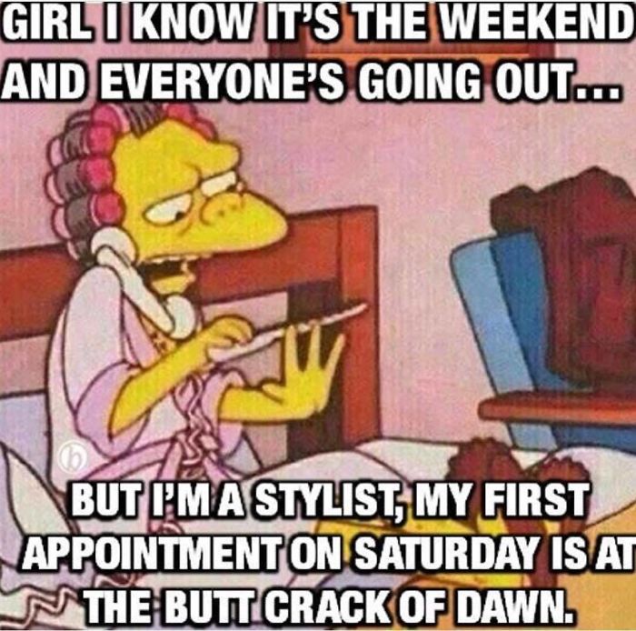 Cartoon character in curlers on the phone, humorously lamenting early hairstylist appointments.