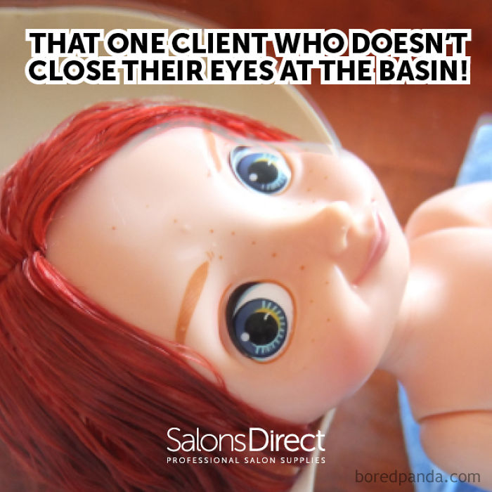 Close-up of a toy head in a basin with text about hairstylist challenges.