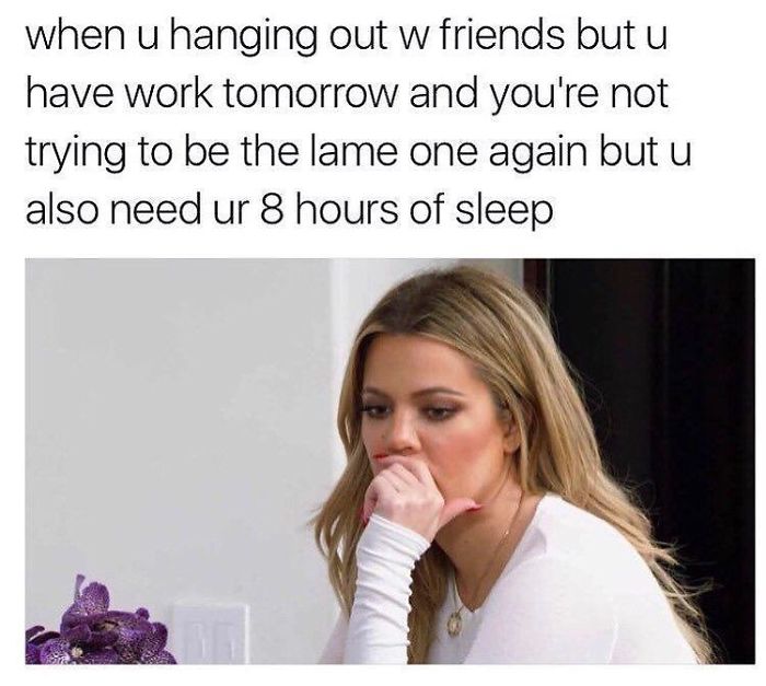 A woman looking contemplative with funny text about balancing work and social time, illustrating hairstylist memes.