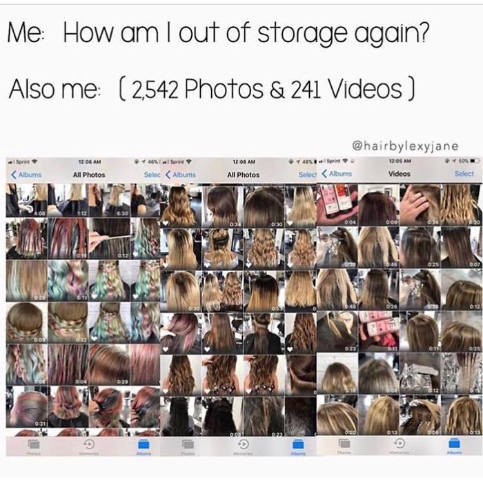 Funny meme about phone storage full of hairstyle photos for hairstylists.