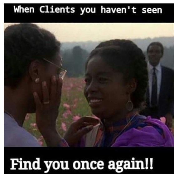 Two people reunite humorously, with text about clients returning to hairstylists.