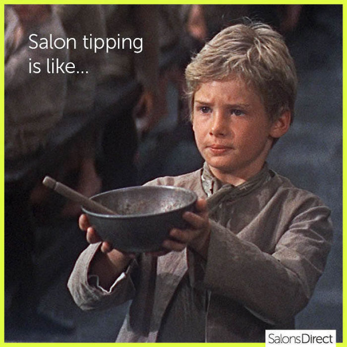 A child holding an empty bowl, with "Salon tipping is like..." written, humorously illustrating a hairstylist meme.