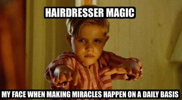 Child with intense expression, hands outstretched, captioned "Hairdresser Magic," humorously portraying a hairstylist's skills.