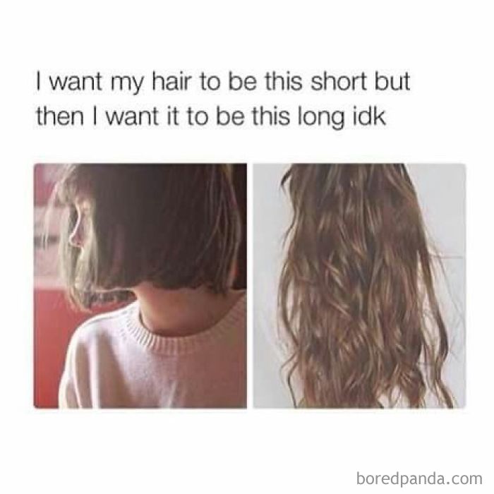 Split image meme showing short bob haircut on left and long wavy hair on right, highlighting hairstylist's dilemma.