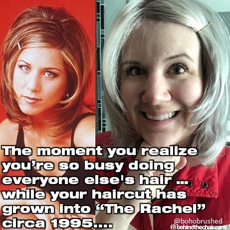 A hairstylist with a 1995 "The Rachel" haircut, humorously comparing to an iconic 90s hairstyle photo.