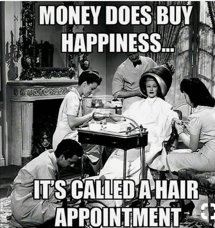 Vintage meme depicting a woman at a salon, surrounded by hairstylists, with humorous text about hair appointments.