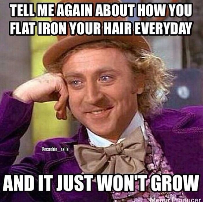 Condescending meme about flat ironing hair every day, highlighting hairstylist woes.