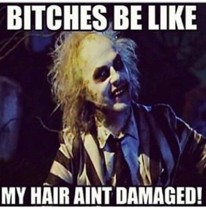 Wild-haired character meme humorously implying damaged hair, evoking empathy for hairstylists.