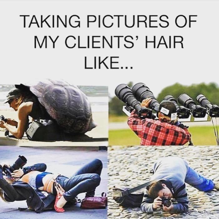 Photographers in funny poses with cameras, capturing clients' hair like it's a thrilling event. Hilarious hairstylist meme.