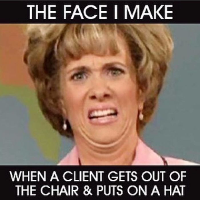 Funny meme of a woman making a disgusted face, highlighting hairstylist struggles with text overlay.