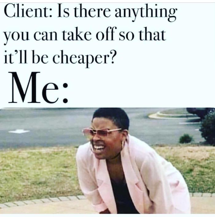 Person squinting outdoors, with text above about a client asking to lower hairstylist costs.