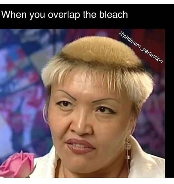 Person with uneven bleached hair resulting from styling mishap, illustrating a humorous meme about hairstylists.