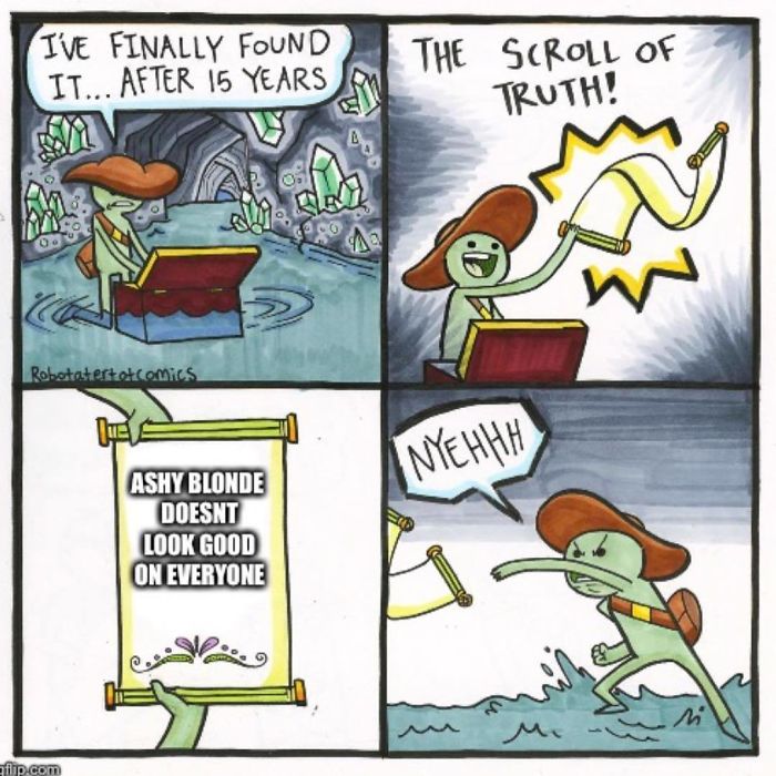 Comic strip depicting a treasure-hunting character finding a scroll revealing a funny truth about hairstylist challenges.