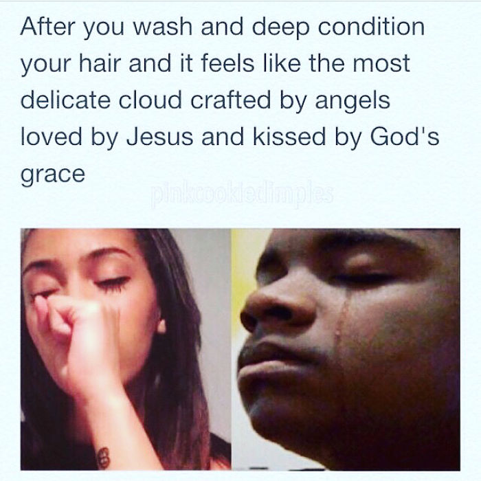 Meme showing reaction after washing hair, highlighting humorous perspective on hairstyling experiences.