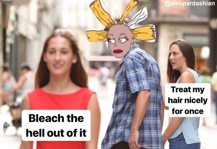 Distracted boyfriend meme with a funny edit about hairstylists.