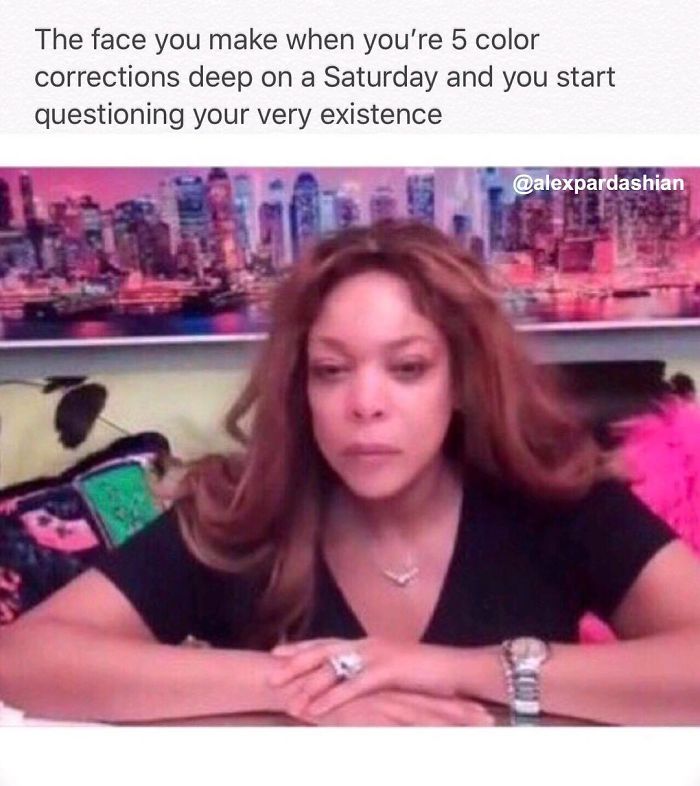 A person looking exhausted, sitting at a table; text describes hair color corrections and hairstylist struggles.