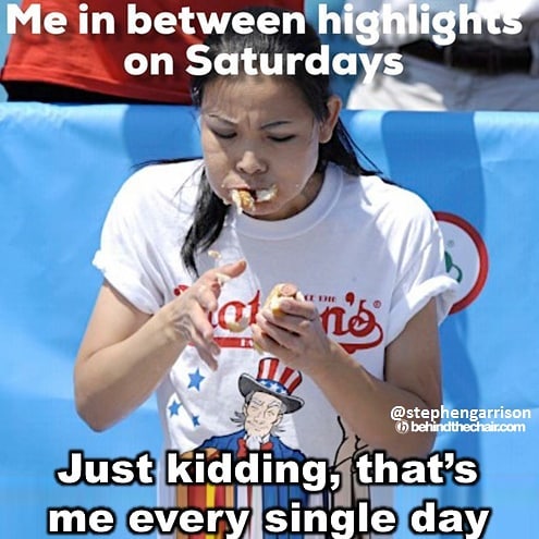 Woman eating a hot dog messily with funny text about hairstylist highlights, wearing a Nathan's branded shirt.