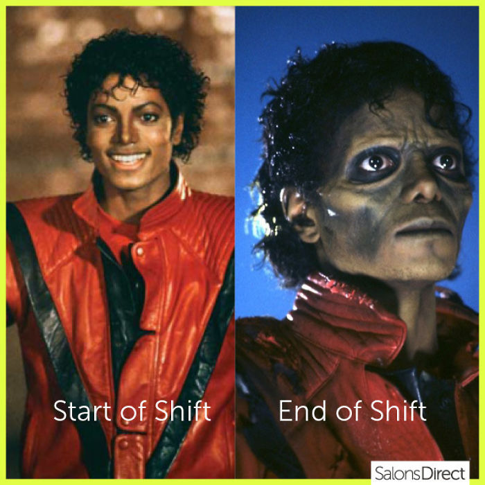 Split image humorously depicting a hairstylist's transformation during a work shift.