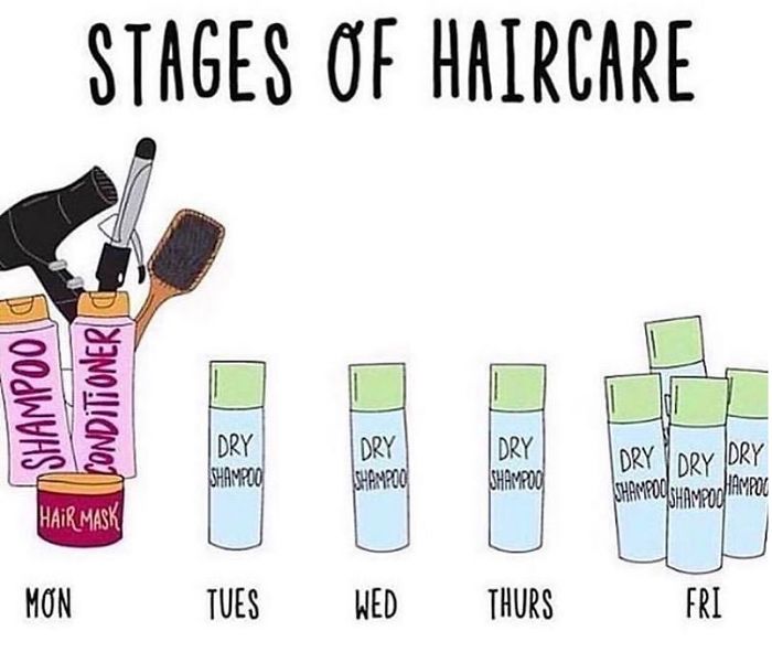 Haircare stages meme showing declining hair effort from shampoo to dry shampoo, humorously relating to hairstylists.