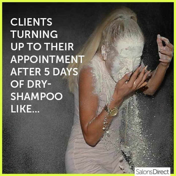 Woman covered in powder humorously representing a stylist's client after overusing dry shampoo.