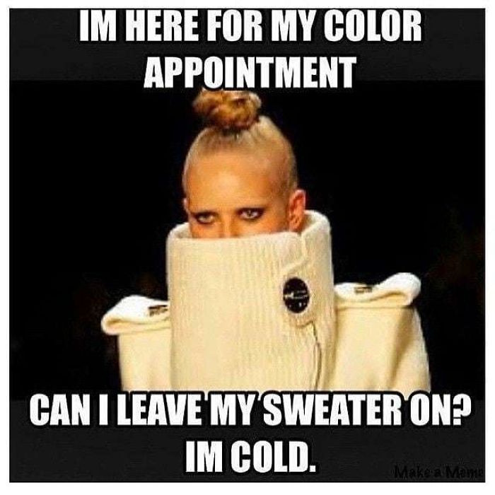 Person bundled in a large sweater with text about a hair appointment, highlighting funny hairstylist struggles.