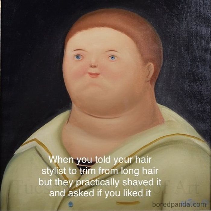 Painting of a person with a humorous expression and hairstyle, illustrating a relatable meme about hairstylist mishaps.