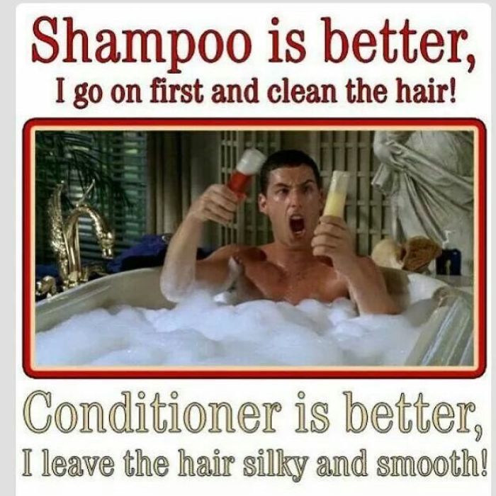 Man in a bubble bath humorously debating shampoo vs conditioner, highlighting a funny hairstylist meme.