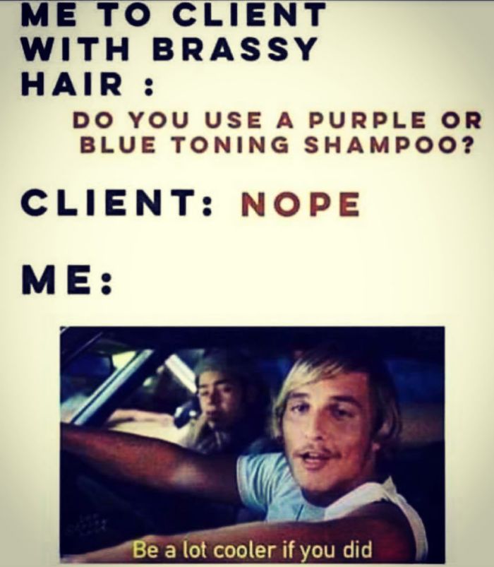 A funny meme about hairstylist struggles with brassy hair clients and toning shampoo advice.