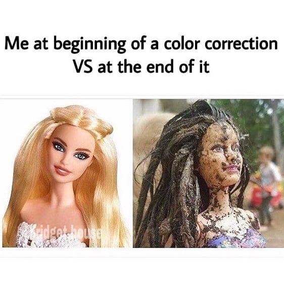 Before and after hair color mishap meme, highlighting hairstylist challenges with a Barbie and a messy doll.