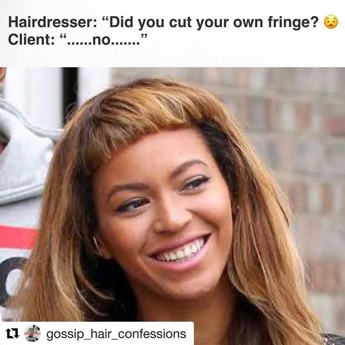Woman with uneven bangs smiling, captioned with a humorous dialogue about hairstylist.