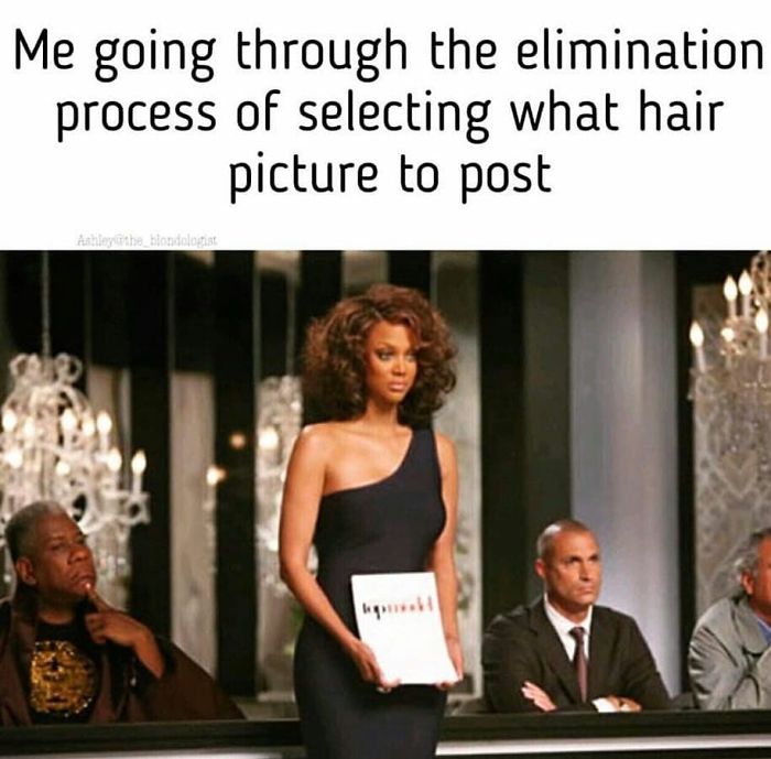 Hairstylist meme of a woman holding a card, mimicking a judging panel, captioned about choosing a hair picture to post.