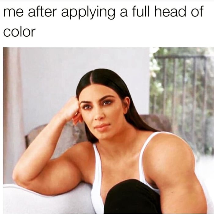 Person with muscular arms captioned "me after applying a full head of color" in a funny meme about hairstylists.