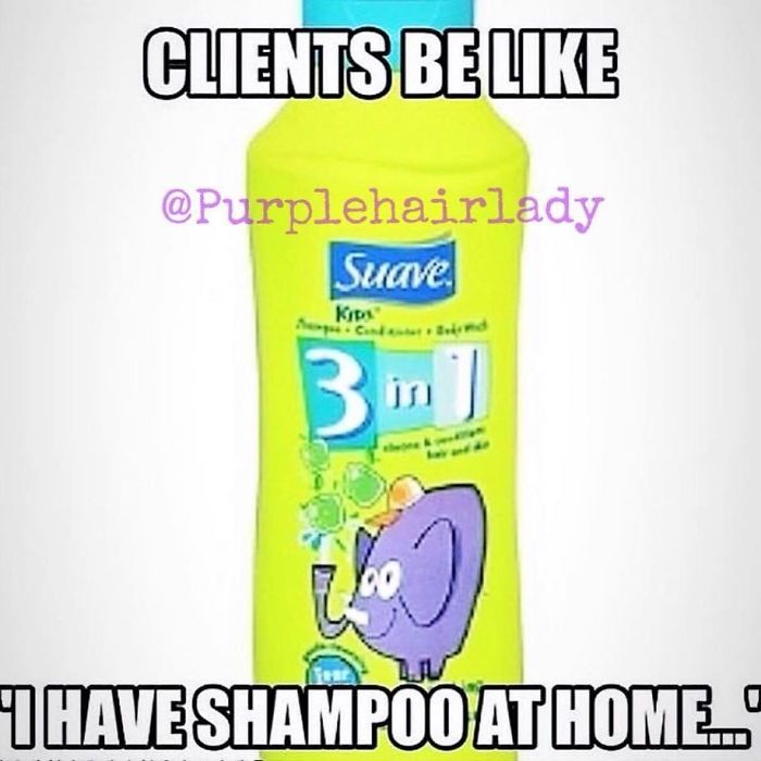 Funny meme about hairstylists featuring a Suave 3-in-1 shampoo bottle with humorous text.
