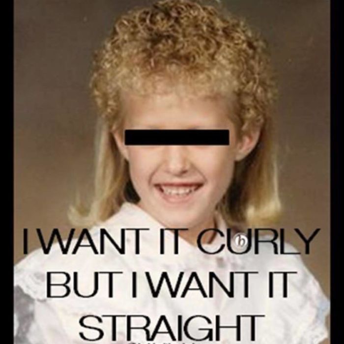 A funny meme with text humorously conflicting curly and straight hair preferences, reflecting hairstylist dilemmas.