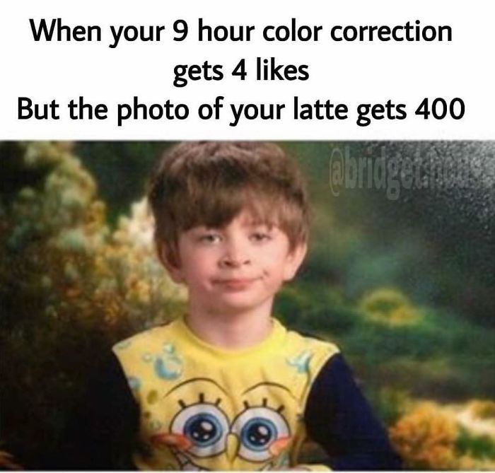 Child in a SpongeBob shirt looking unimpressed; text about hairstylist's color correction getting fewer likes than a latte photo.