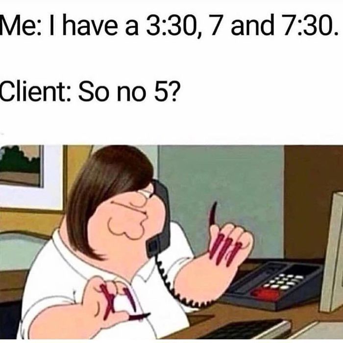 Cartoon character on phone with scheduling confusion, highlighting a humorous hairstylist meme.