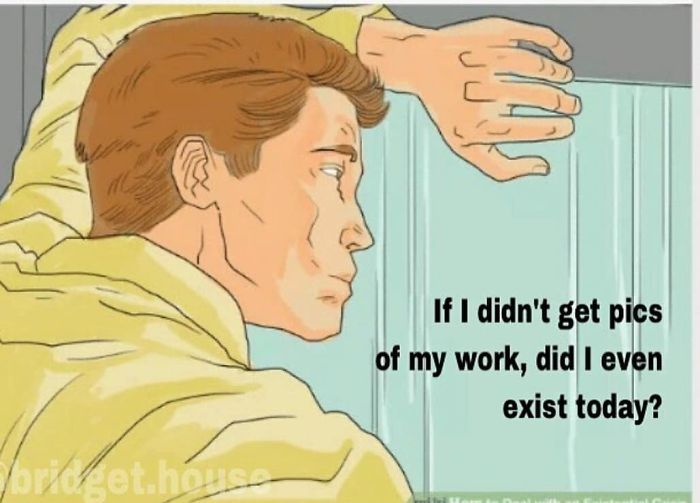 Illustration of a person looking contemplative with text humorously reflecting on hairstylist validation through photos.