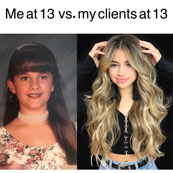 Before and after comparison photo highlighting hairstyles at age 13, creating a humorous meme about hairstylist challenges.
