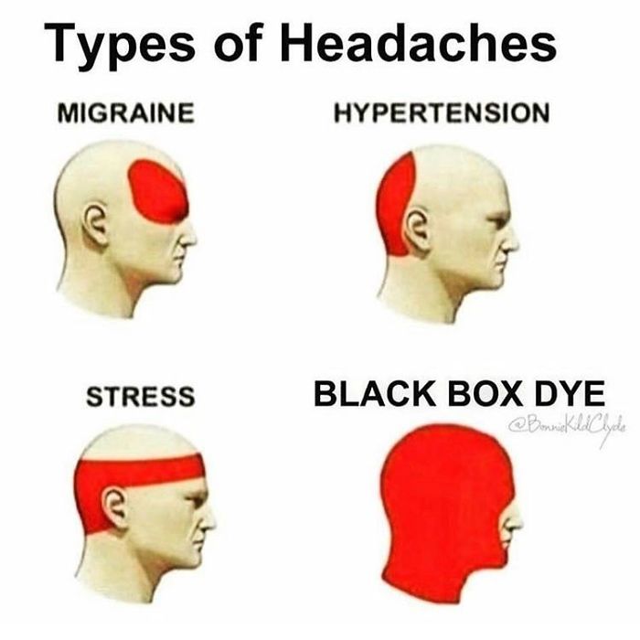 Types of headaches meme humorously includes hairstylist stress with black box dye.