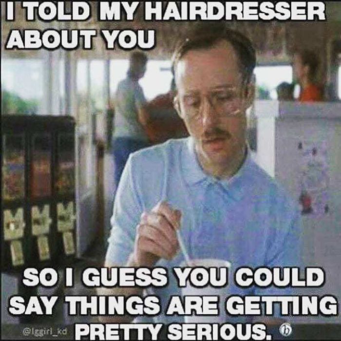 Person in glasses sitting at a table with text about hairstylist, creating a humorous meme scenario.