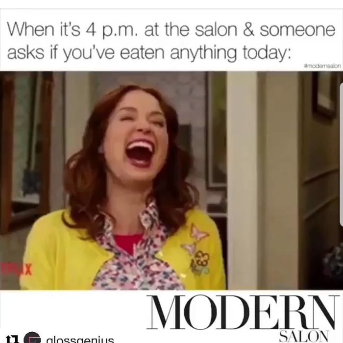 Woman laughing, wearing a yellow cardigan, with text about hairstylist skipping meals at the salon.