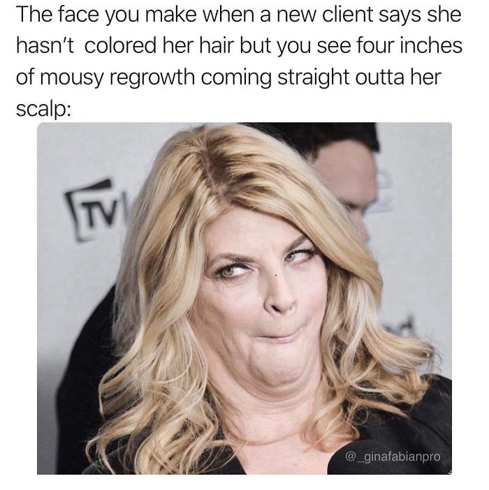 A woman makes a funny face, portraying a humorous reaction to hair regrowth, highlighting a hair stylist's challenge.