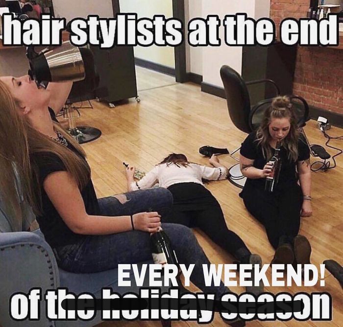 Three hairstylists humorously depicted exhausted on a salon floor, referencing holiday season fatigue.