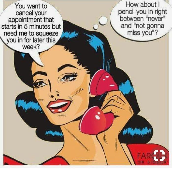 Retro comic woman on phone with funny caption about canceling appointments; a relatable hairstylist meme.