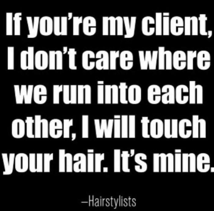 Hairstylist meme: "If you're my client, I don't care where we run into each other, I will touch your hair. It's mine."