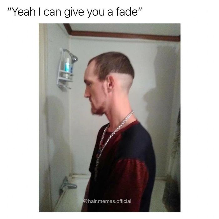 Man with humorous haircut in a meme, featuring a questionable fade style.