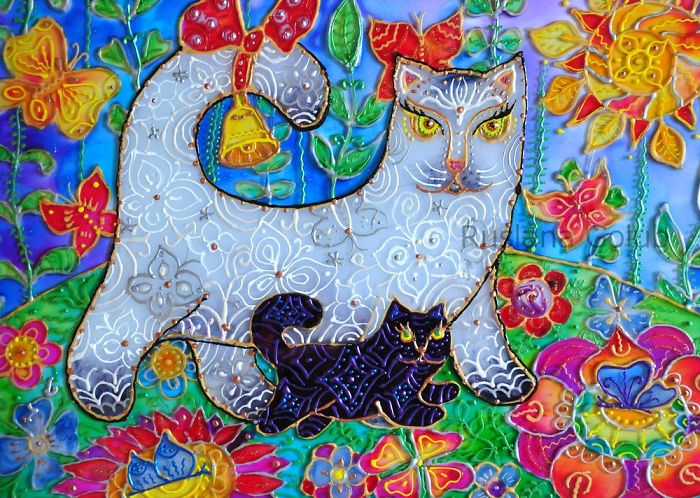 "Mother Cat With Kitten On The Glade"