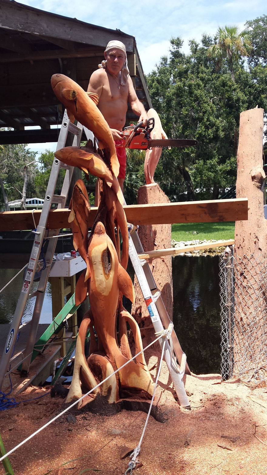 Creating Art Sculpture From Cedar Trees Damaged In A Hurricane