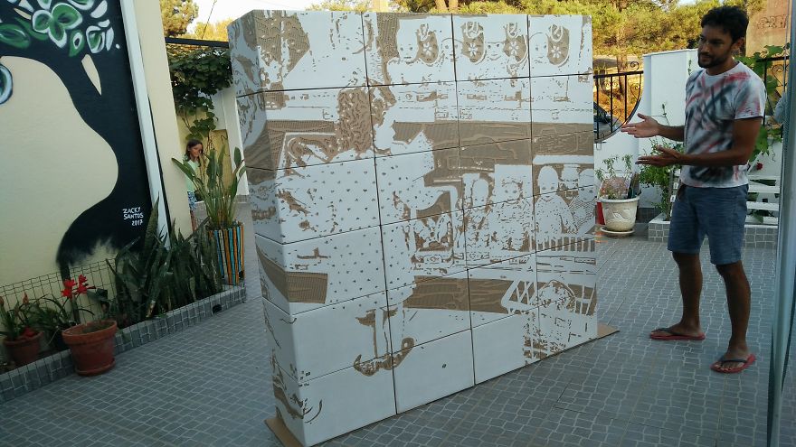 The Wall | 24 Cardboard Boxes , One Wall, Two Realities - Handmade With X-Ato Knife