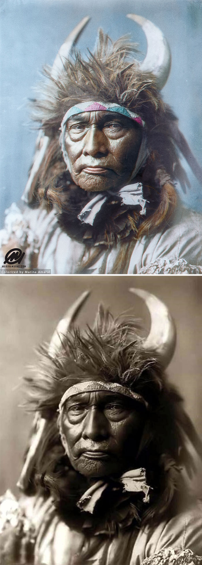 Bull Chief, An Indian Warrior, Apsaroke Tribe. The Photo Was Taken In 1908 By Edward S. Curtis. He Is Wearing A Buffalo Headdress With Horns